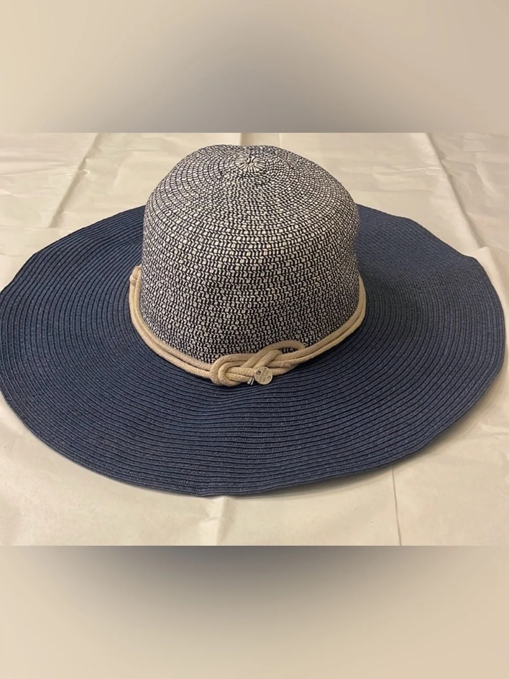Women’s Navy and Cream Rope-Trim Wide Brim Sun Hat